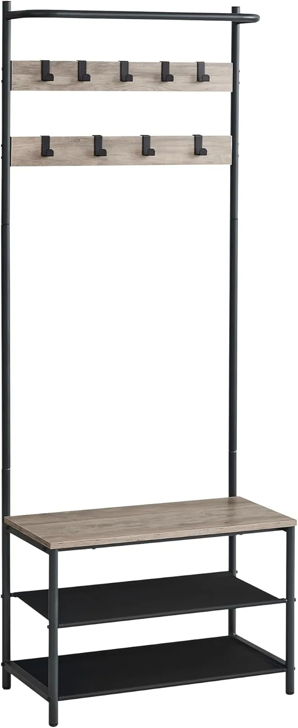 VASAGLE Coat Rack with Shoe Storage, Hall Tree, Coat Stand with Shoe Bench, 9 Movable Hooks, Top Bar, 32.2 x 64 x 180 cm image 3