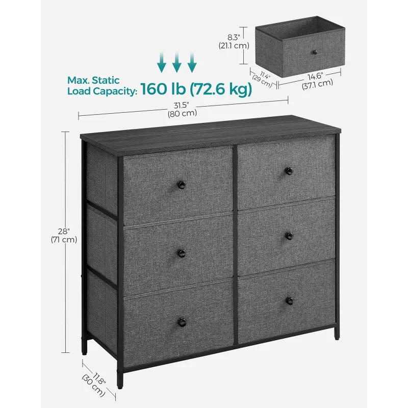 SONGMICS Chest of Drawers, 6 Fabric Drawers with Metal Frame, Storage Organiser Unit, Dresser, for Nursery, Bedroom, Hal image 3