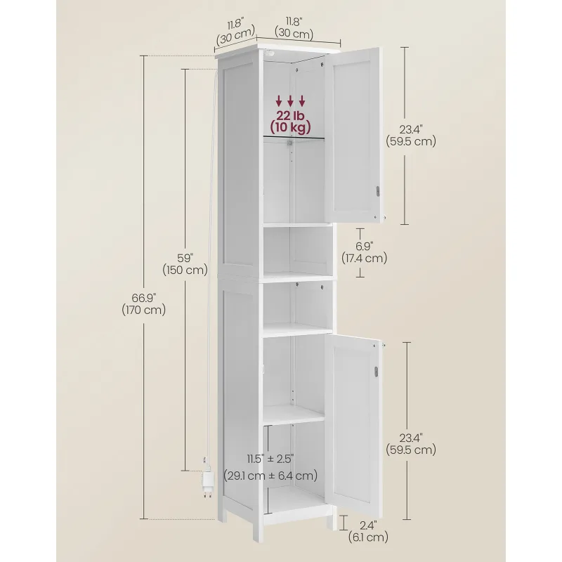 VASAGLE Tall Bathroom Cabinet with Lights, Freestanding Narrow Storage Unit with Adjustable Shelves, Open Compartments image 2