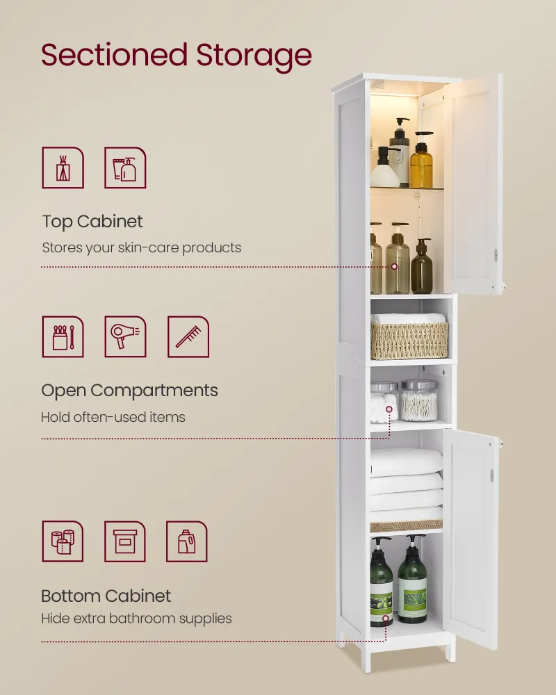VASAGLE Tall Bathroom Cabinet with Lights, Freestanding Narrow Storage Unit with Adjustable Shelves, Open Compartments image 6