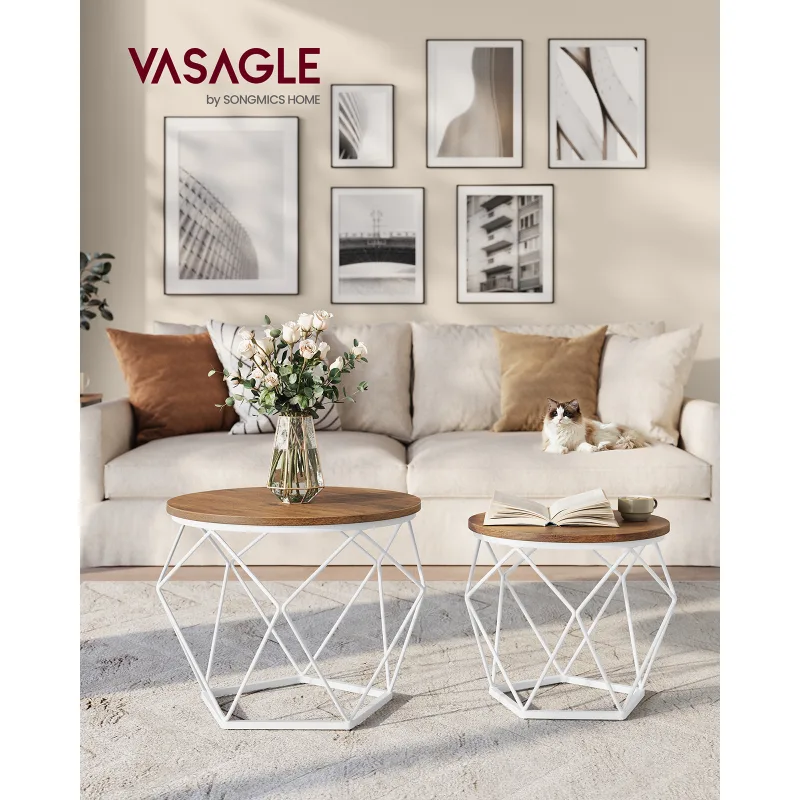 VASAGLE Round Coffee Table, Set of 2, Side Table, Sofa End, Modern Style, Removable Top, Steel Frame, for Living Room image 2