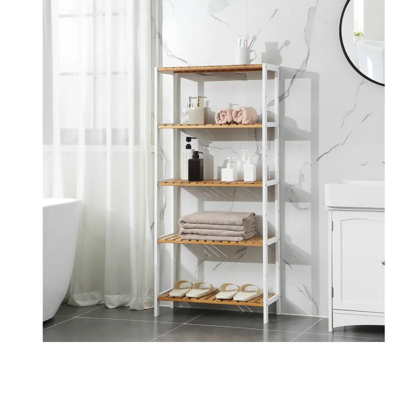 SONGMICS BCB35WN 5 Tier Bathroom Shelf with Bamboo Kitchen Stand, 9 Adjustable Heights, Multifunctional Display image 2