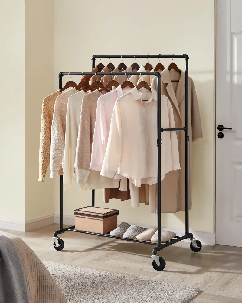 SONGMICS Clothes Rail, Coat Stand with Double 100 cm Long Hanging Rails, Metal Frame, with Wheels and Storage Shelf image 1