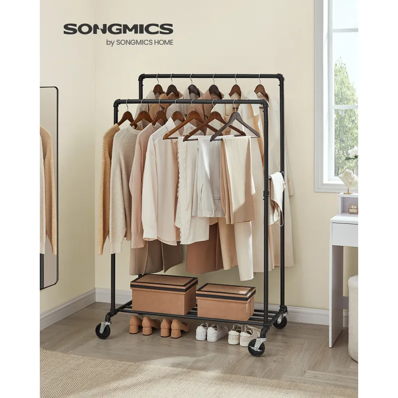 SONGMICS Clothes Rail, Coat Stand with Double 100 cm Long Hanging Rails, Metal Frame, with Wheels and Storage Shelf image 2