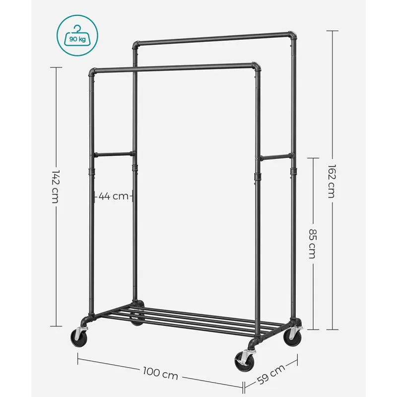 SONGMICS Clothes Rail, Coat Stand with Double 100 cm Long Hanging Rails, Metal Frame, with Wheels and Storage Shelf image 3