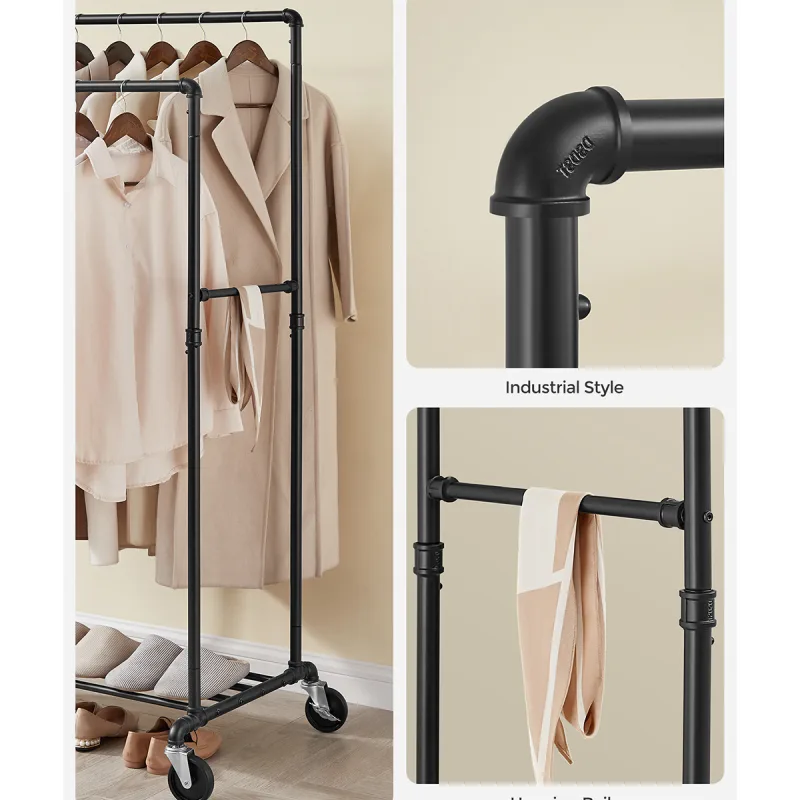 SONGMICS Clothes Rail, Coat Stand with Double 100 cm Long Hanging Rails, Metal Frame, with Wheels and Storage Shelf image 4