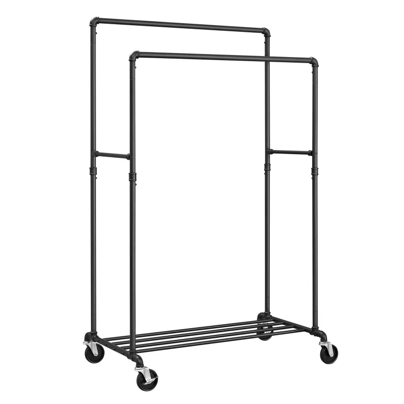 SONGMICS Clothes Rail, Coat Stand with Double 100 cm Long Hanging Rails, Metal Frame, with Wheels and Storage Shelf image 5
