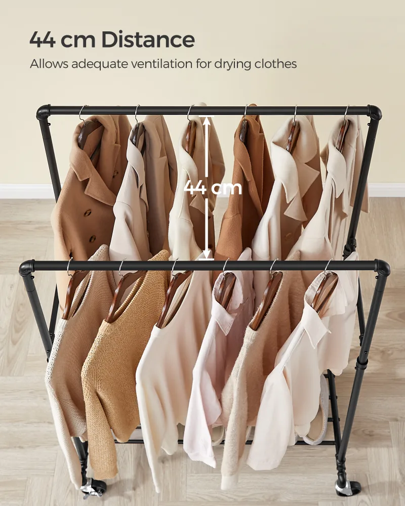 SONGMICS Clothes Rail, Coat Stand with Double 100 cm Long Hanging Rails, Metal Frame, with Wheels and Storage Shelf image 6