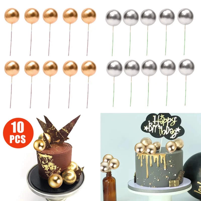10x Golden Ball Cake Topper Birthday Party Cupcake Topper for Cake Decoration image 1