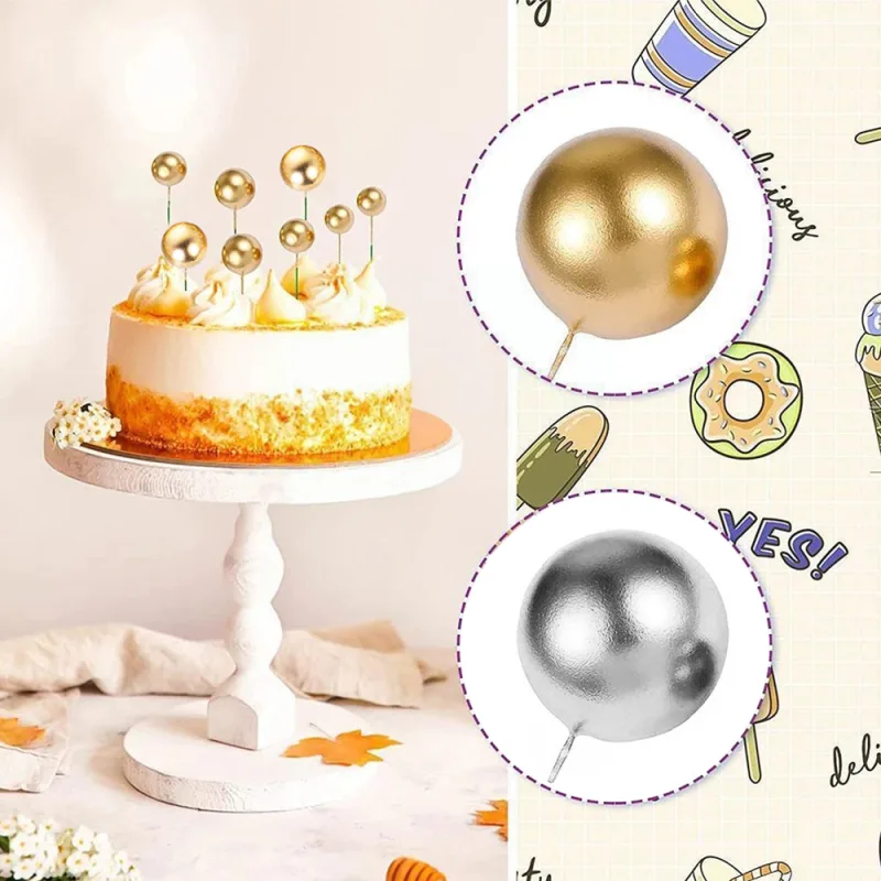 10x Golden Ball Cake Topper Birthday Party Cupcake Topper for Cake Decoration image 5
