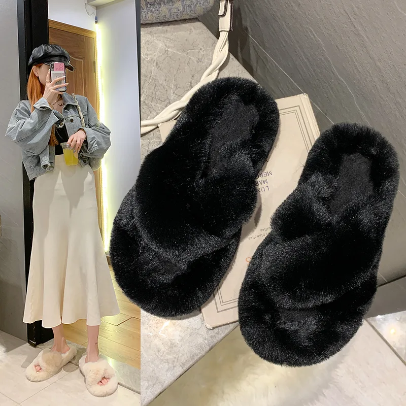 Fashion One Word Thick Fur Slippers Double Fur Slippers Casual Home Cotton Shoes for Women Flat Plush Cross Straps Slippers2025 - image 5