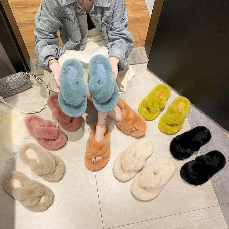 Fashion One Word Thick Fur Slippers Double Fur Slippers Casual Home Cotton Shoes for Women Flat Plush Cross Straps Slippers2025 - image 6