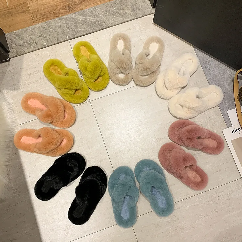 Fashion One Word Thick Fur Slippers Double Fur Slippers Casual Home Cotton Shoes for Women Flat Plush Cross Straps Slippers2025 detail 2