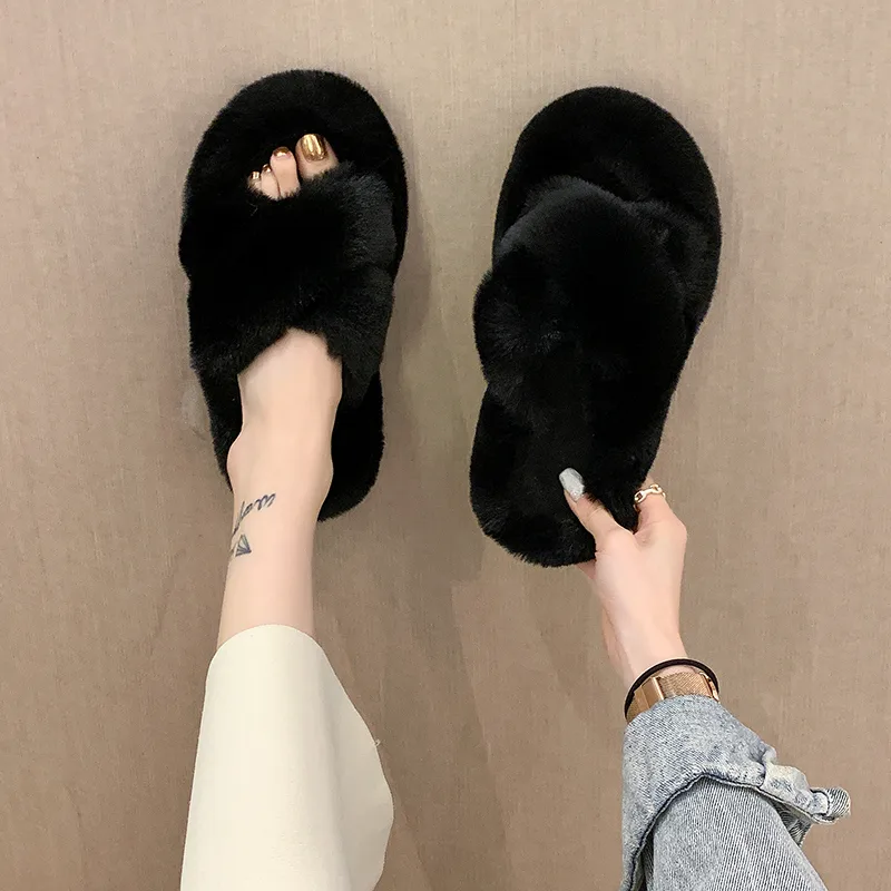 Fashion One Word Thick Fur Slippers Double Fur Slippers Casual Home Cotton Shoes for Women Flat Plush Cross Straps Slippers2025 detail 4