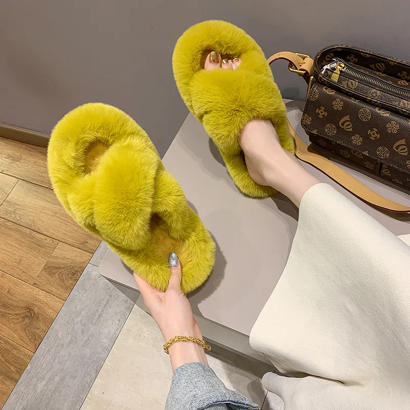 Fashion One Word Thick Fur Slippers Double Fur Slippers Casual Home Cotton Shoes for Women Flat Plush Cross Straps Slippers2025 detail 5
