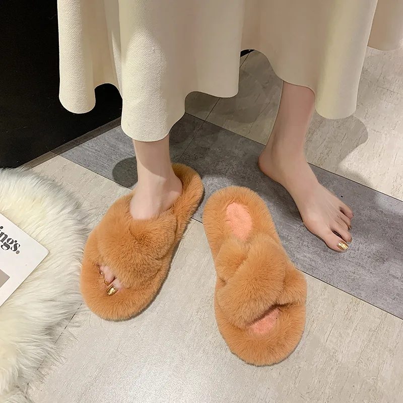 Fashion One Word Thick Fur Slippers Double Fur Slippers Casual Home Cotton Shoes for Women Flat Plush Cross Straps Slippers2025 detail 7