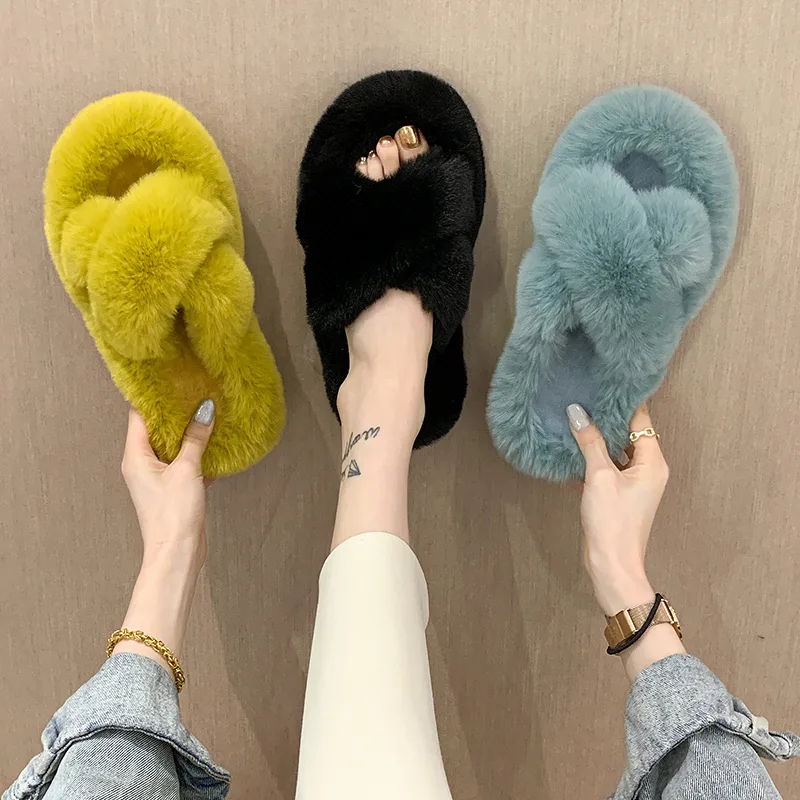 Fashion One Word Thick Fur Slippers Double Fur Slippers Casual Home Cotton Shoes for Women Flat Plush Cross Straps Slippers2025 detail 8