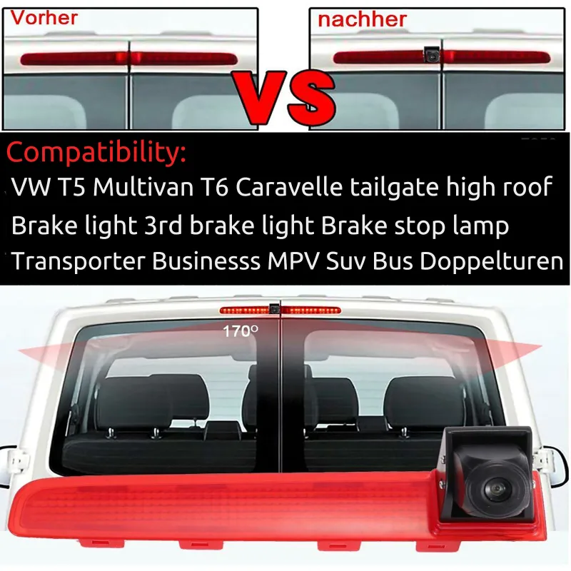 ESSGOO 170 Grad Rear View Reversing Camera for VW Transporter T5 T6 3rd Brake Light Double Doors 8M IP68 Waterproof Nigh image 6