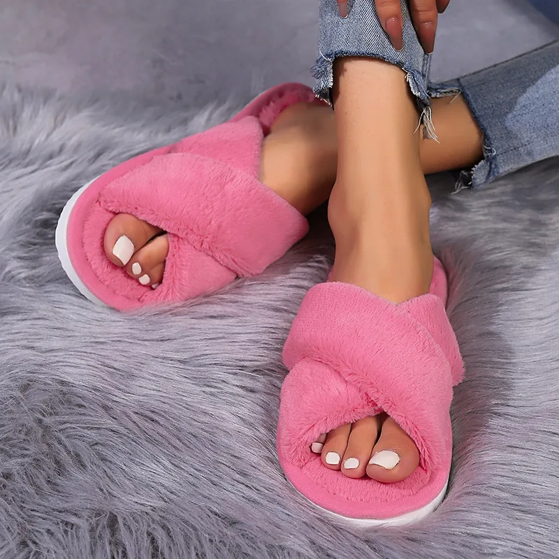Cross Warm Fluffy Furry Slippers Women Lightweight Flat Heels Fur Slides Woman Autumn Winter Open Toe Non Slip Home Floor Shoes - image 6