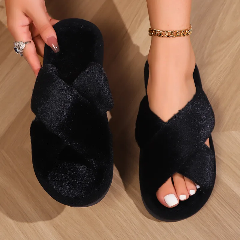 Cross Warm Fluffy Furry Slippers Women Lightweight Flat Heels Fur Slides Woman Autumn Winter Open Toe Non Slip Home Floor Shoes detail 2