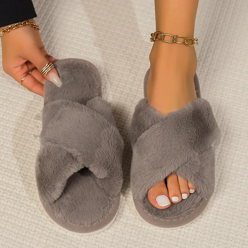 Cross Warm Fluffy Furry Slippers Women Lightweight Flat Heels Fur Slides Woman Autumn Winter Open Toe Non Slip Home Floor Shoes detail 6