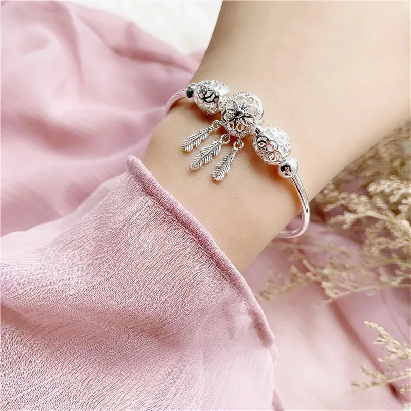925 Sterling Silver Bracelet Ladies Cold Wind Dream Catcher Leaves Tassel Turn Beads Jewelry Bracelets for Women Girls G image 2