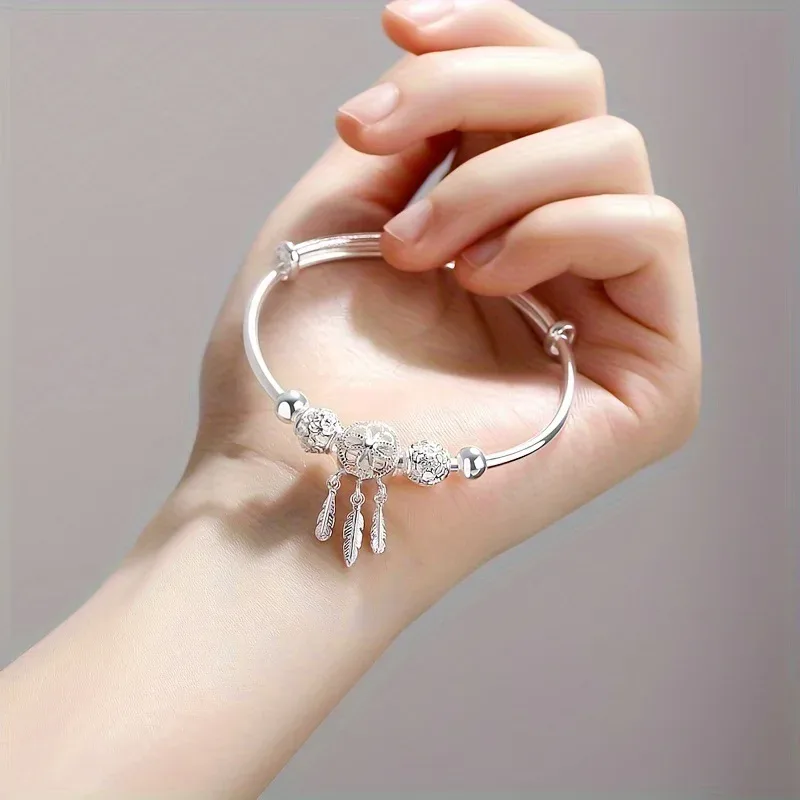 925 Sterling Silver Bracelet Ladies Cold Wind Dream Catcher Leaves Tassel Turn Beads Jewelry Bracelets for Women Girls G image 4