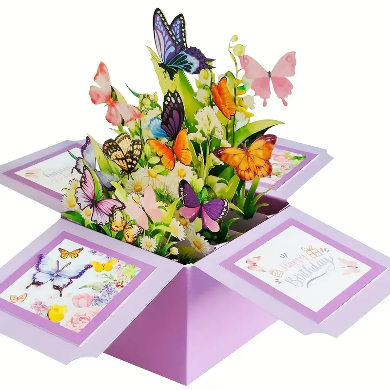 1pc 3D Pop-Up Birthday Greeting Card - Floral and Butterfly Design for Any Recipient, Handwritten Note FeaturePaper Cons image 2