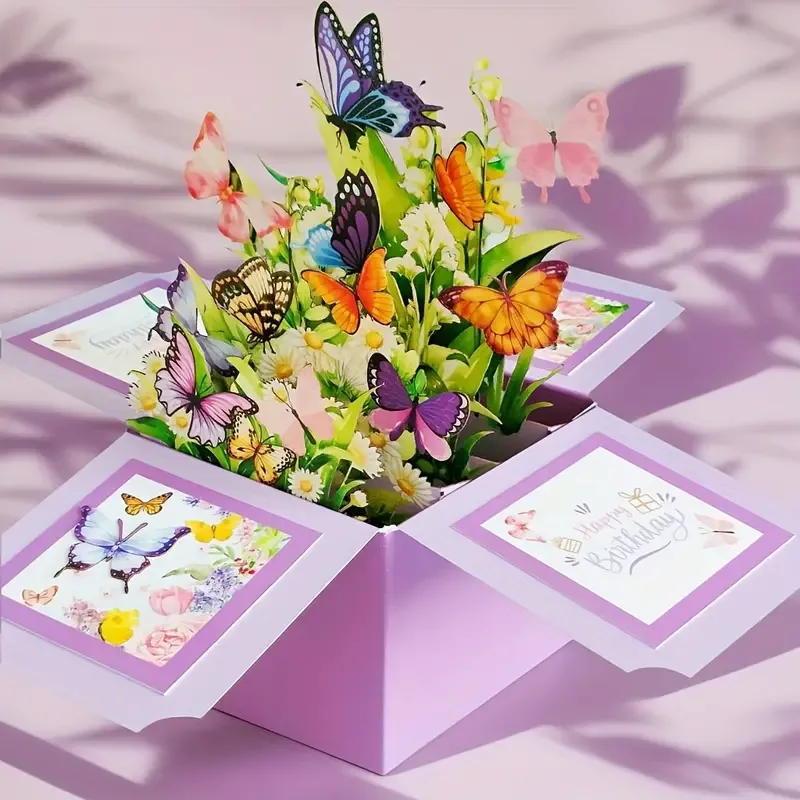 1pc 3D Pop-Up Birthday Greeting Card - Floral and Butterfly Design for Any Recipient, Handwritten Note FeaturePaper Cons image 3