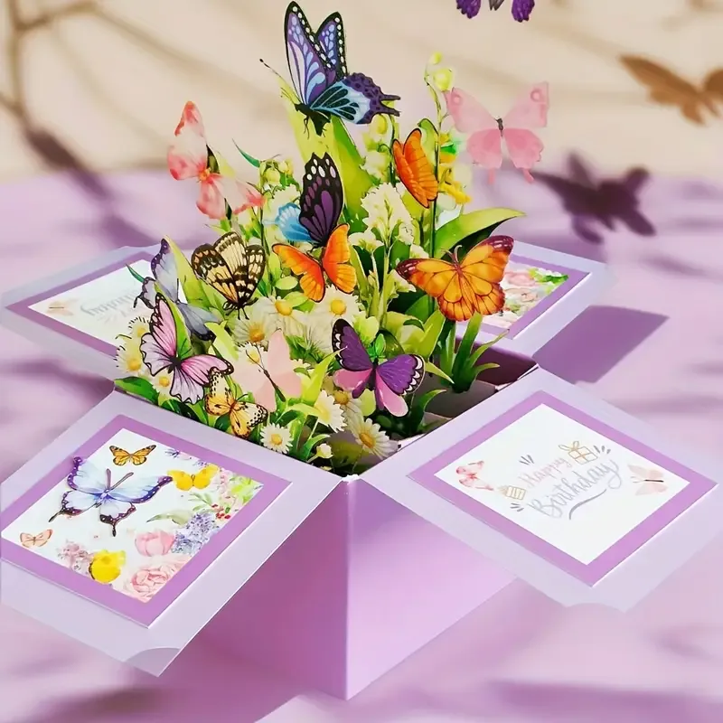 1pc 3D Pop-Up Birthday Greeting Card - Floral and Butterfly Design for Any Recipient, Handwritten Note FeaturePaper Cons image 4