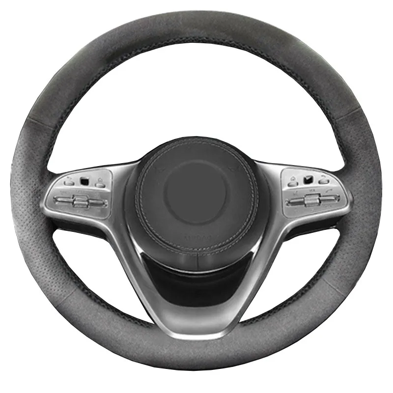Braids Cover on Steering Wheel For Mercedes Benz S Class W222 2017 2018 2019 2020 Sedan DIY Hand-stitched Suede Leather Black - image 1