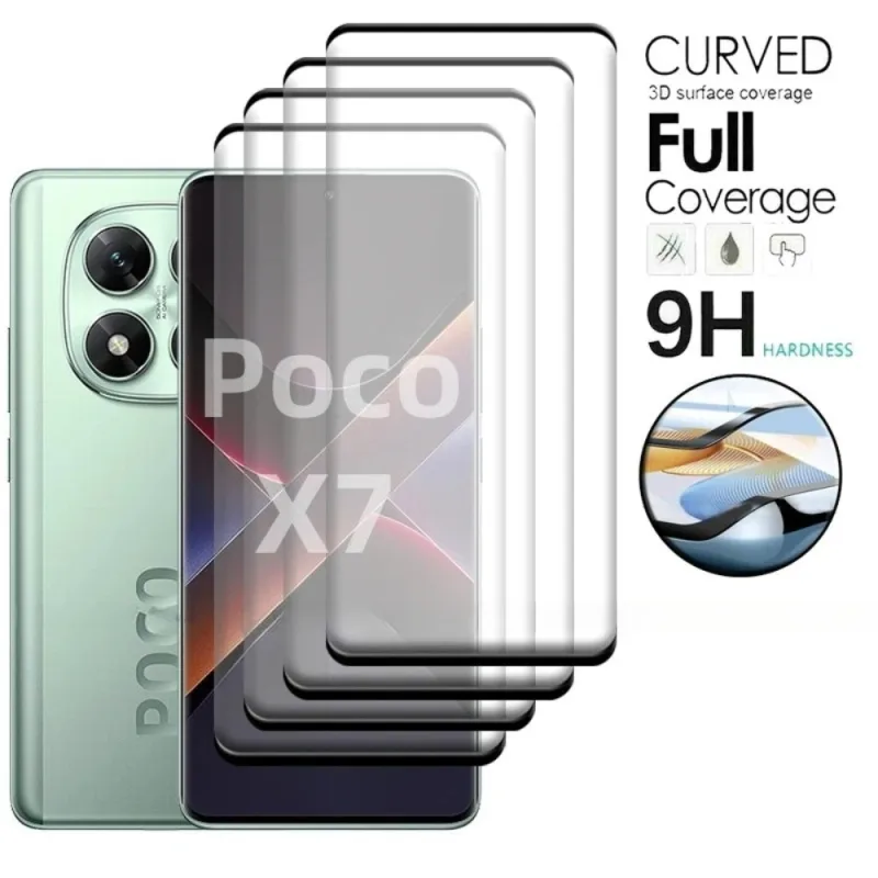 4PCS For Poco X7 Glass Poco X6 Tempered Glass 9H 9H HD Full Curved Cover Phone Protective Screen Protector For Poco X7 PocoX6 X5 - image 1