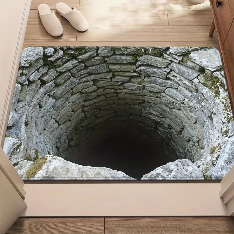 Stone Built Water Well 3D Visual Flat Pattern Design Floor Mat for Household Bathroom Door, Absorbent and Non Slip Foot  image 1