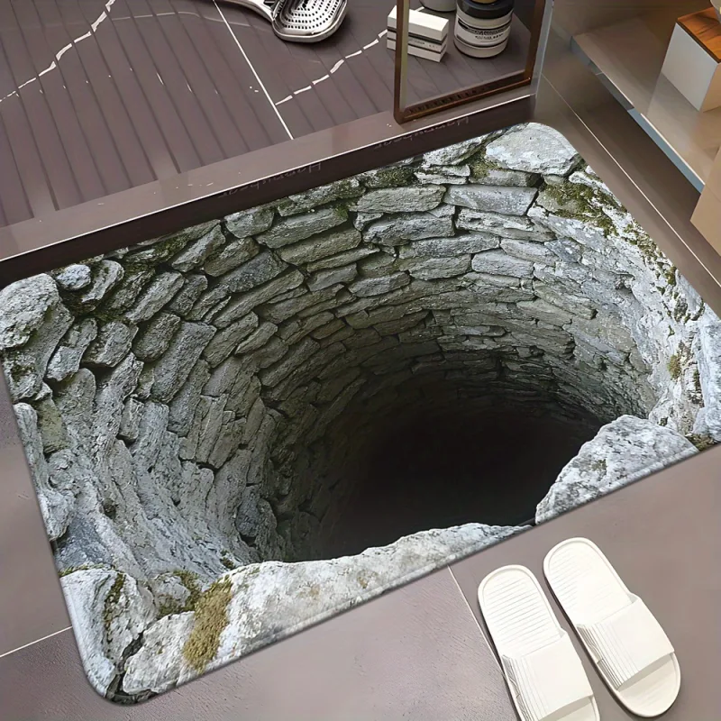 Stone Built Water Well 3D Visual Flat Pattern Design Floor Mat for Household Bathroom Door, Absorbent and Non Slip Foot  image 2