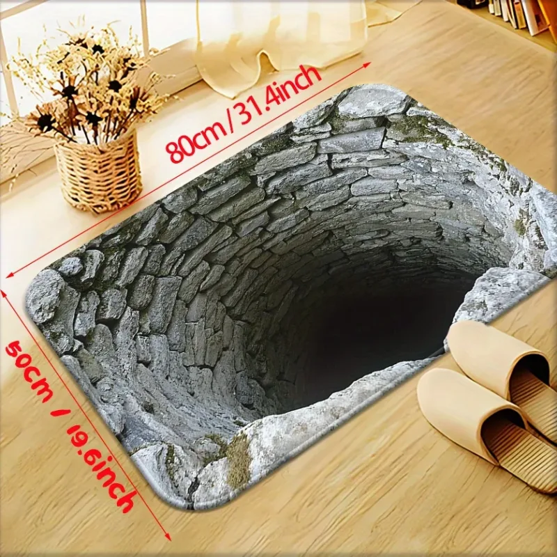 Stone Built Water Well 3D Visual Flat Pattern Design Floor Mat for Household Bathroom Door, Absorbent and Non Slip Foot  image 3