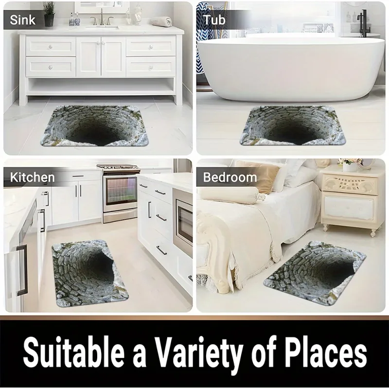 Stone Built Water Well 3D Visual Flat Pattern Design Floor Mat for Household Bathroom Door, Absorbent and Non Slip Foot  image 4