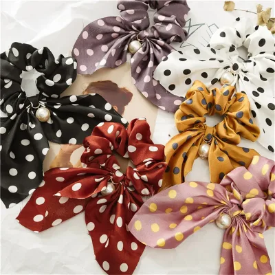 Korean Dot Striped Elastic Rubber Bands Fashion Sweet Bow Hair Tie For Women New Pearl Scarf Hair Scrunchies Hair Access