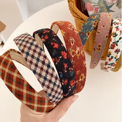 Vintage Plaid Floral Corduroy Headbands Flower Fall Hairbands Elegant Match Head Hoop Women Tiara Head Band Headwrap Acc