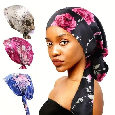 New Women silky satin night sleeping cap head wrap Bowknot Turban Pre Tied Fitted Bandana Chemo cap Nightcap hair loss p