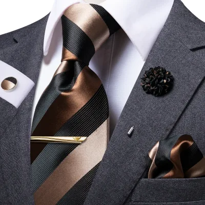 Hi-Tie Business Brown Striped Tie For Men Black Silk Men's Tie Clip Gift For Men Luxury Necktie Hanky Cufflinks Set Form