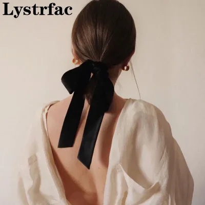 Lystrfac Vintage Black Velvet Bow Hair Ribbon Scrunchie for Women Girls Long Elastic Hair Tie Headwear Female Hair Acces