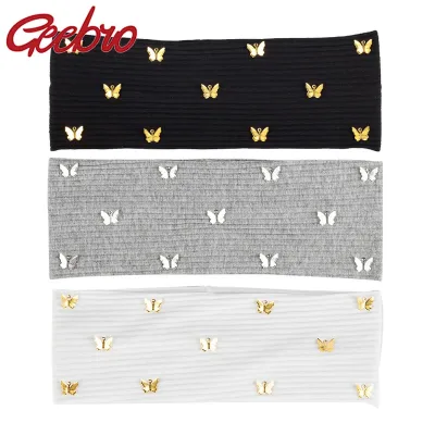Geebro Bohemian Solid Metal Butterfly Hair Band For Woman Ladies Fashion Elastic Cotton Ribbed Headbands Hair Accessorie