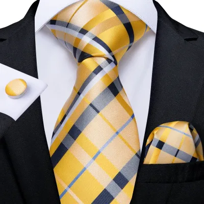 Plaid Men's Tie Set Yellow Purple Blue 100% Silk Necktie 8cm Business Wedding Tie Handkerchief Cufflinks Gift For Men Di