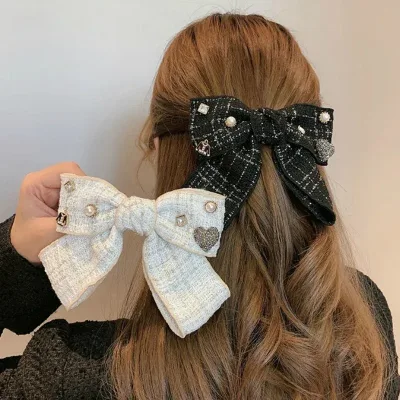 Elegant Plaid Cloth Hairpins Adult Crystal Heart Pearl Luxury Fabric Bow Hair Clip Pin for Girls Women Hair Jewelry Head