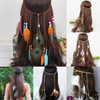 Women vintage Indian Headband Headdress For Girl Adjustable Bohemian Head Rope Bandage Peacock Feather Hair Hoop Band He