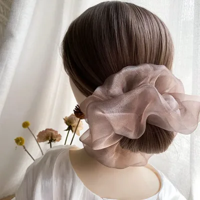 Korean Oversized Premium Shiny Organza Hair Scrunchies Statement Solid Transparent Hair Band Women Fashion Hair Rope Hea