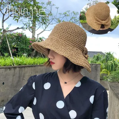 2021 Handmade 100%Raffia Bow Sun Hat Wide Brim Floppy Summer Hats For Women Beach Panama Straw Dome Bucket Hat Femme Sha