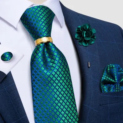 New Designer Men's Teal Blue Plaid Solid Pink Ties Wedding Accessories Silk Ties Brooch Tie Ring Set Gfit For Men DiBanG