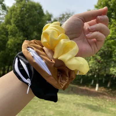 2021 Women Satin Zip Scrunchies Elastic Velvet Hairbands Leopard Crunchy Hair Ties Pocket Scrunchie Holder With Zipper H
