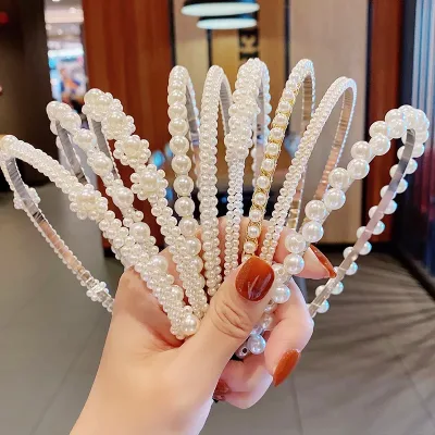 Women Vintage Elegant Full Pearls Simple Metal Hairbands Lady Sweet Hair Decorate Headband Hair Hoops Fashion Hair Acces